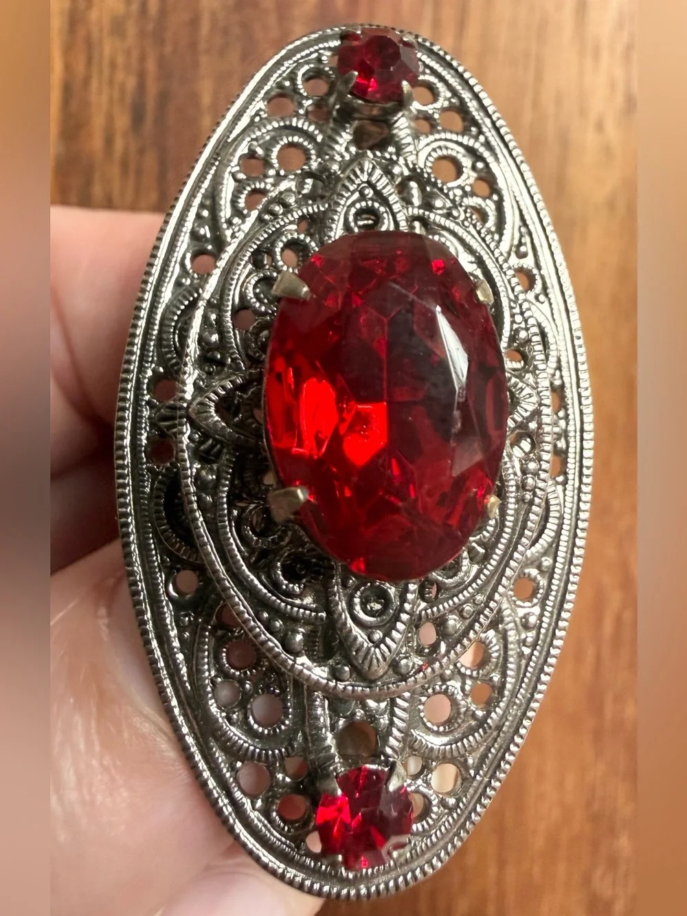 Vintage Silver Tone Filigree Brooch Large Red Glass Stone Rhinestone Cake Tier